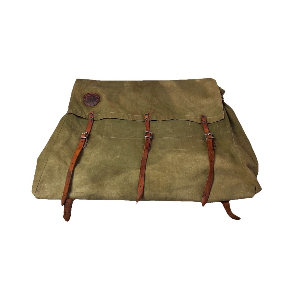 Vintage Duluth‎ Pack Saddle Ruck Sack Backpack Green Canvas Leather Straps #5 3f